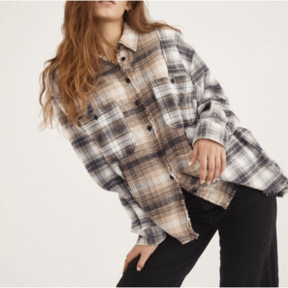 BDG Urban Outfitters Kaden mixed plaid flannel with a high low hem